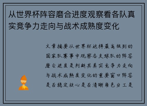 从世界杯阵容磨合进度观察看各队真实竞争力走向与战术成熟度变化